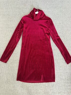 Ribbed Velvet Velour Long Sleeve Turtleneck Dress - Deep Wine
